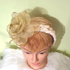 Cream Braided Headband with Large Gold Trimmed Flower & Gold Chain with Hearts